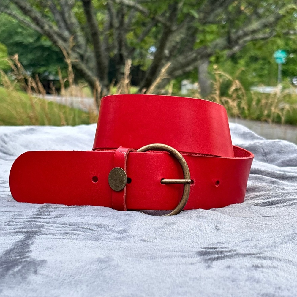 Vintage Red Leather Wide Waist Belt Medium Brass Queen Victoria Coin Boho Pirate